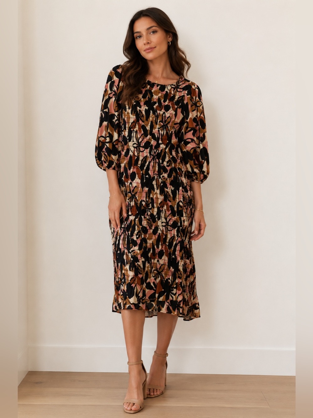 Piper & Scoot Fall Floral Smocked Puff Sleeve Midi Dress